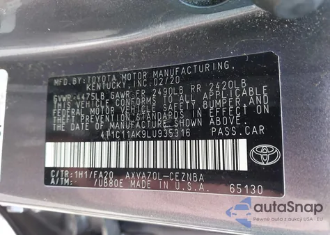 2020 Toyota Camry Le from USA, damaged, VIN 4T1C11AK9LU935316